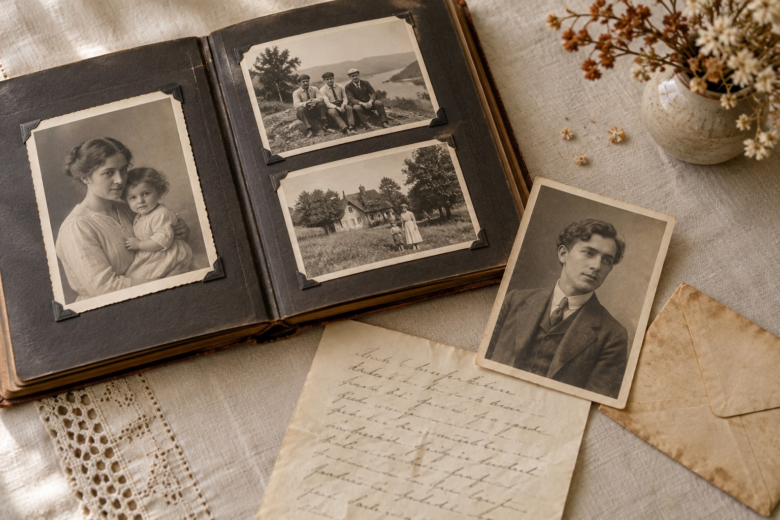 Illustrative arrangement of a vintage family album, portraits and correspondence